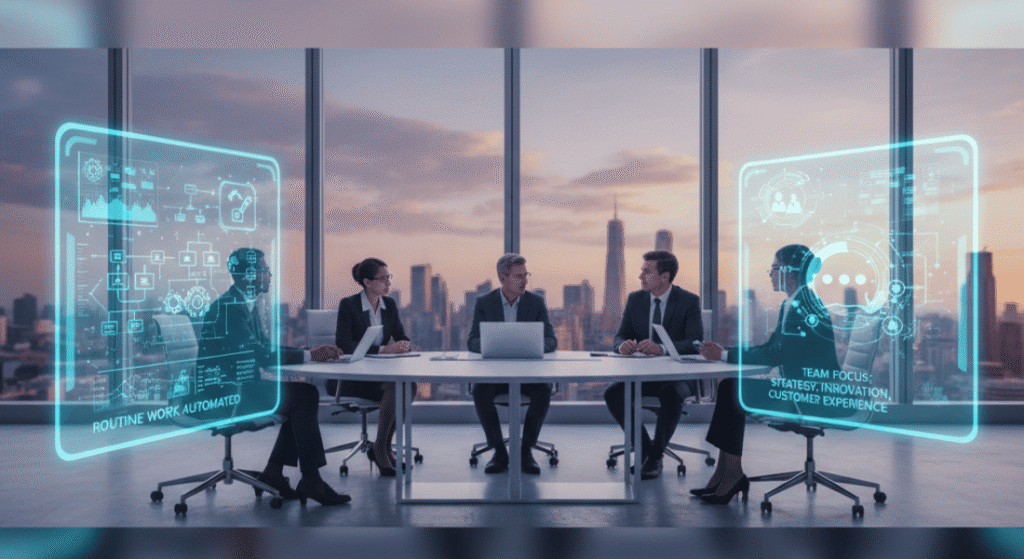 Team using AI and automation services in a modern office.