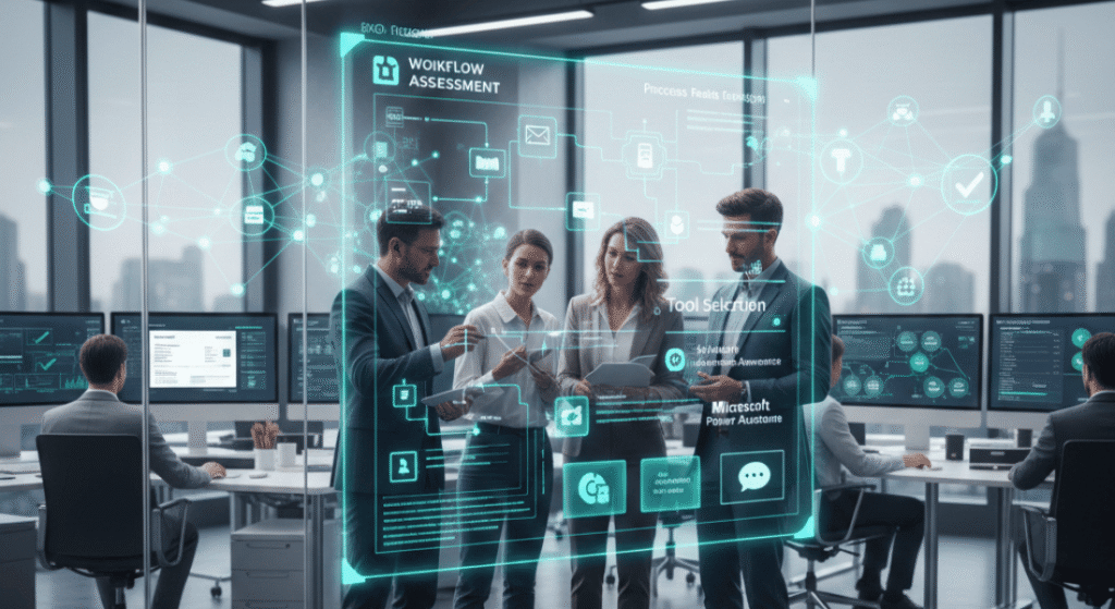 AI automation consultant team analyzing digital workflows.