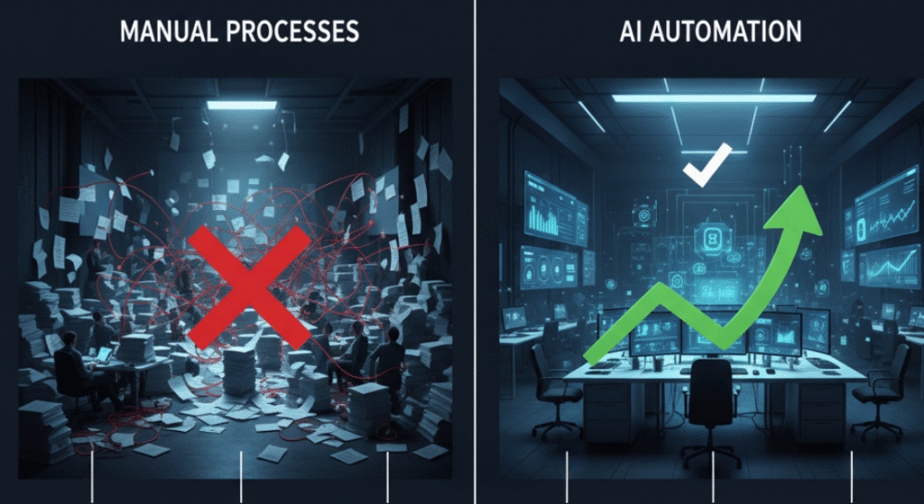 AI automation consultant team analyzing a wide digital workflow map.
