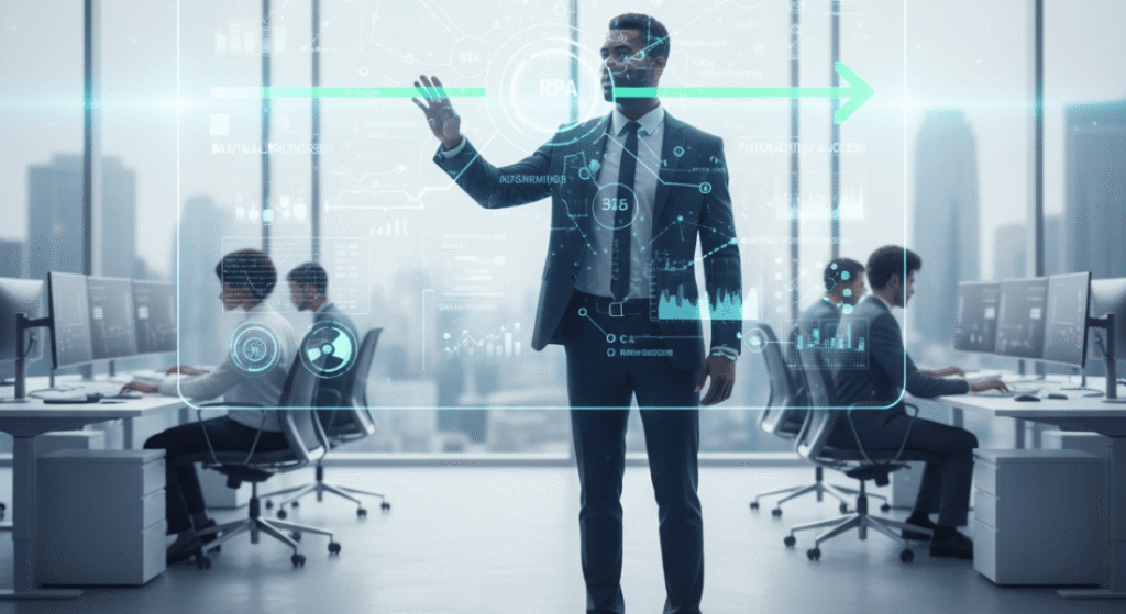 Professional AI automation consultant presenting data-driven workflow solutions on a high-tech screen.