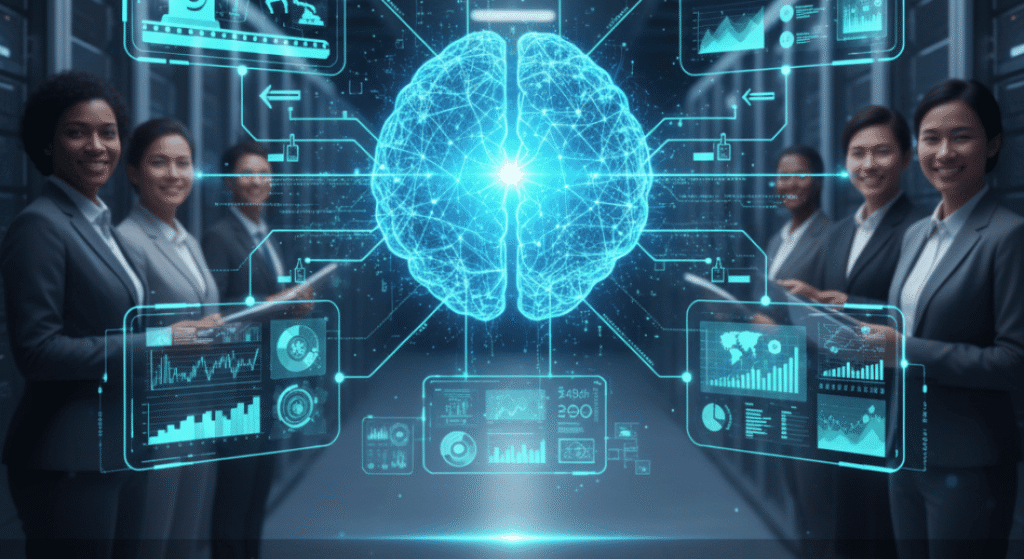 A glowing digital brain interface representing intelligent AI automation.