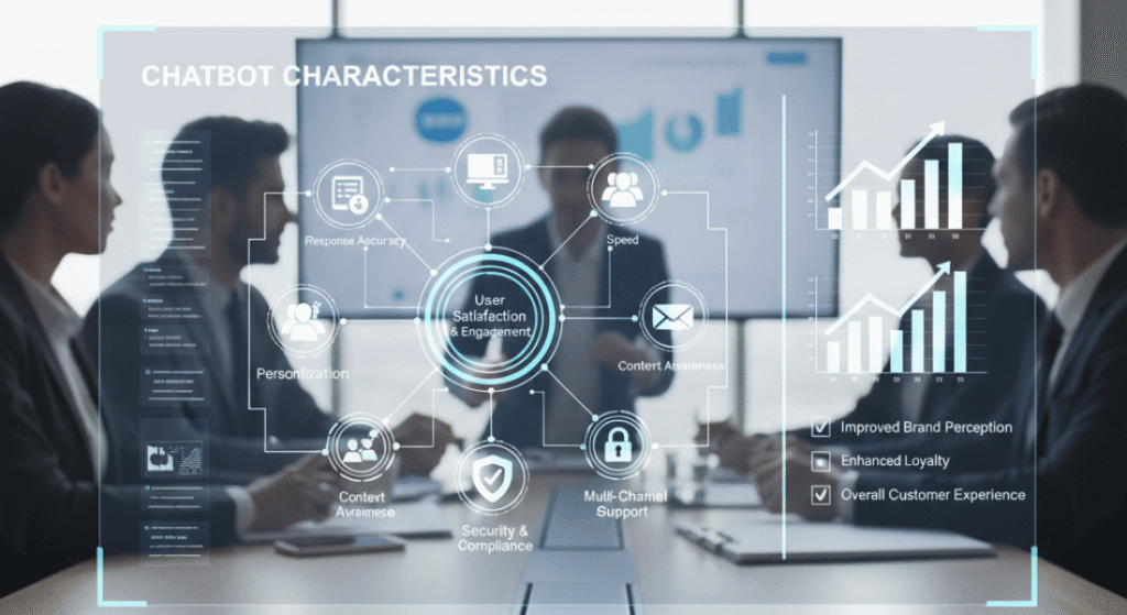 Digital dashboard showing chatbot Characteristics and user metrics.