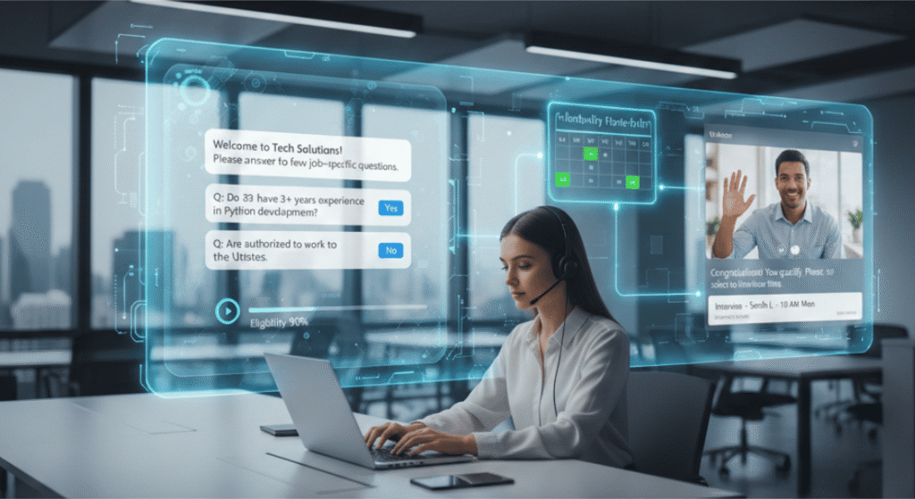 Recruitment chatbots automating screening and scheduling.
