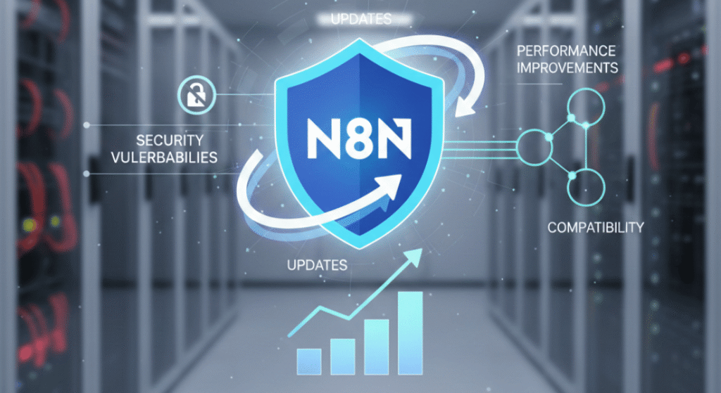 n8n updates and security shield infographic.
