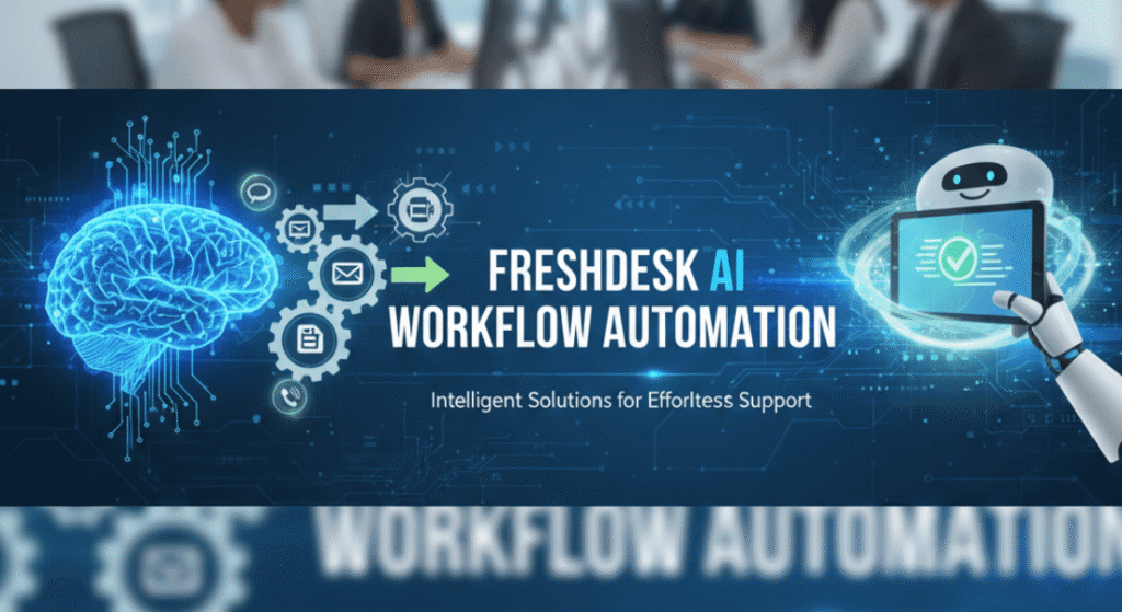Robot holding tablet displaying Freshdesk AI workflow automation