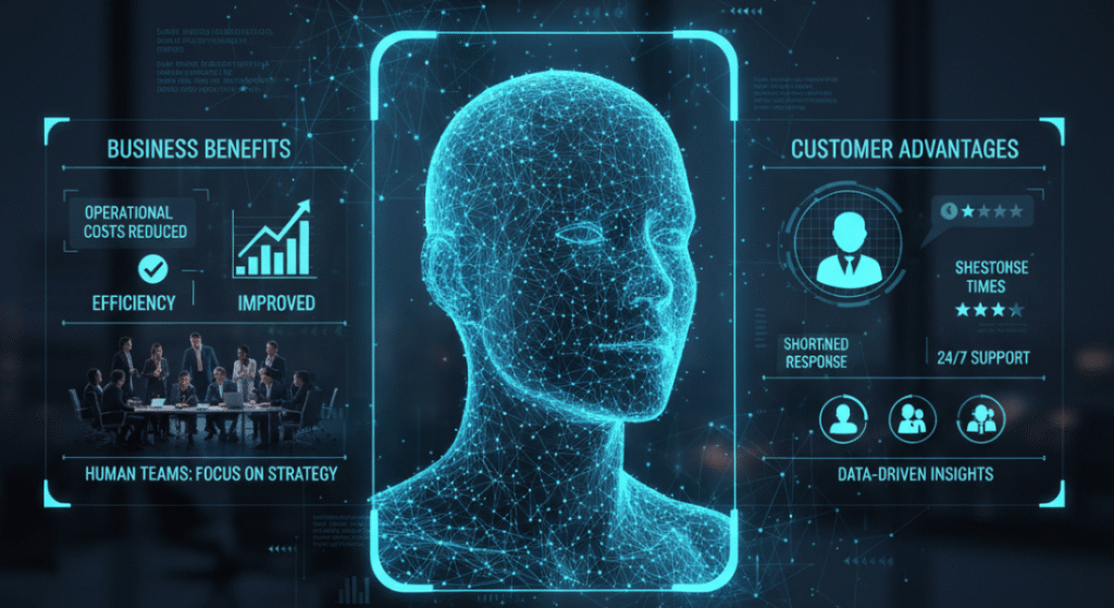 Virtual agents in AI showcasing business benefits.