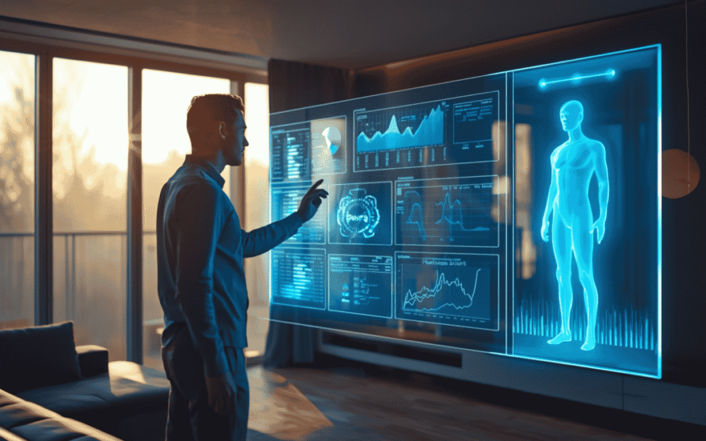 Man using blue holographic screens with AI assistant in a bright modern room