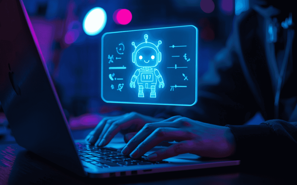 Blue holographic robot emerging from a laptop in a dark futuristic workspace