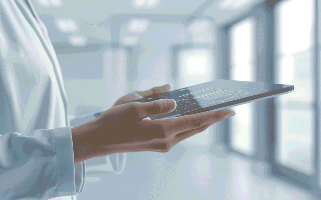 Person holding a transparent tablet with data analytics dashboard and charts
