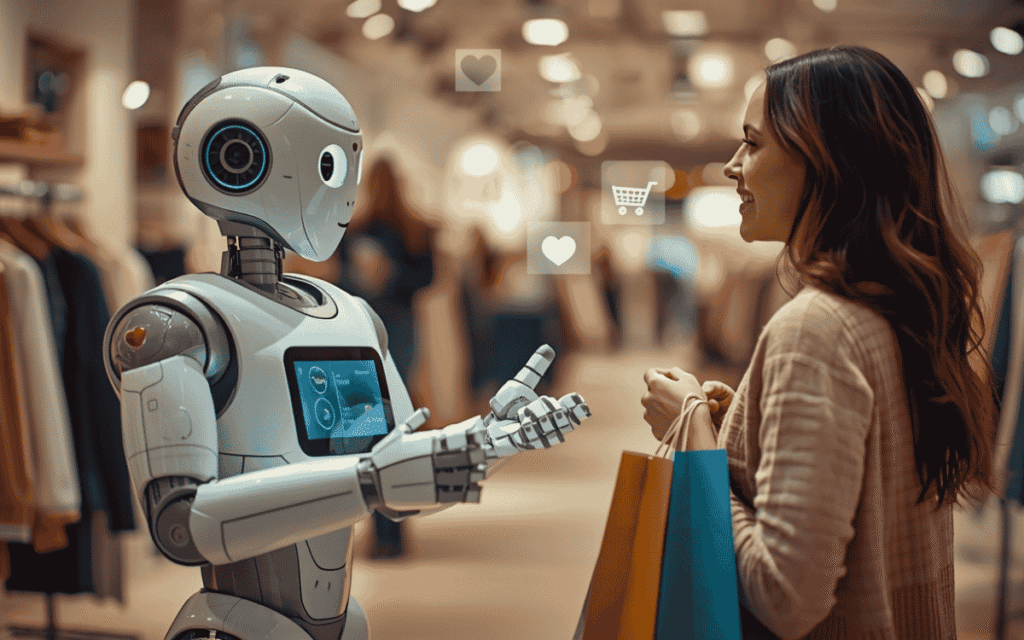 Robot helping a woman with shopping bags in a modern retail store setting