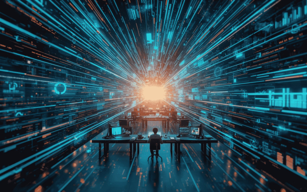 Futuristic AI system with data streams and multiple digital interfaces in a high-tech workspace
