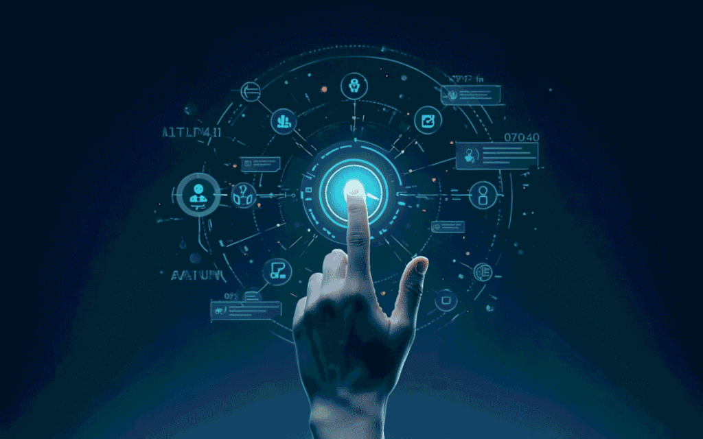 Hand touching a glowing AI interface with chatbot icons in a futuristic digital setting
