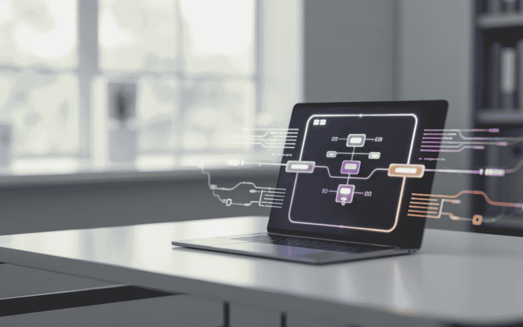 Laptop showing AI workflow automation with glowing connected nodes and data flow.