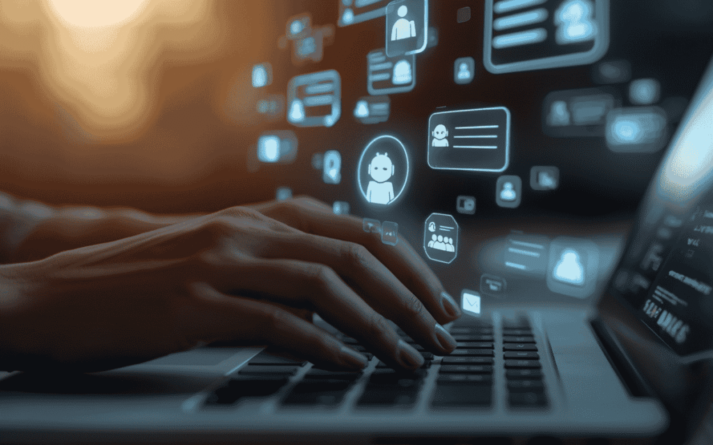 Hands typing on laptop with floating chat bubbles and chatbot icon above keyboard