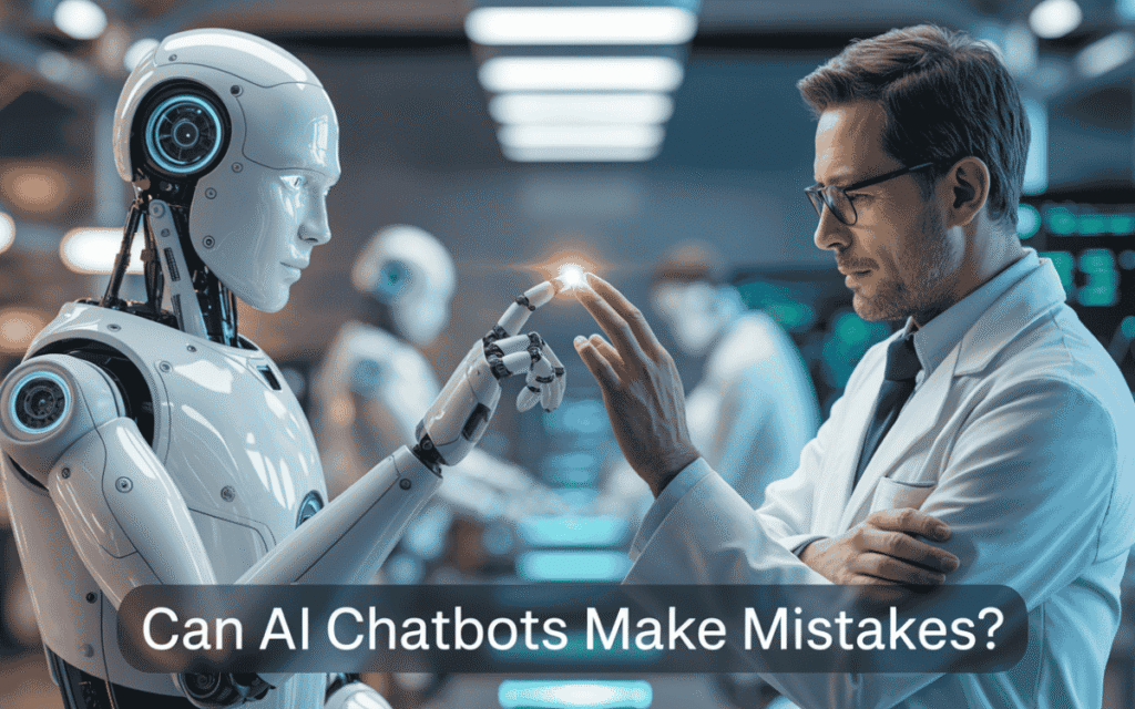 Scientist and advanced robot touching fingers with glowing light spark in futuristic lab, with text "Can AI Chatbots Make Mistakes?" at the bottom.