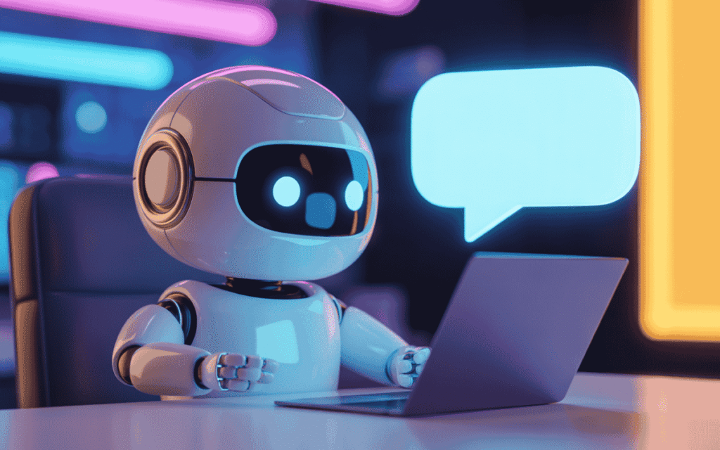 Cute robot using laptop with glowing speech bubble in a neon futuristic setting