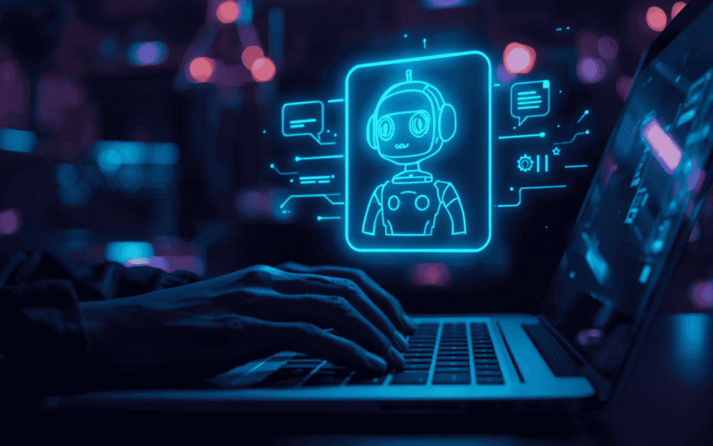 Blue holographic robot in panel above laptop as person types in dark workspace
