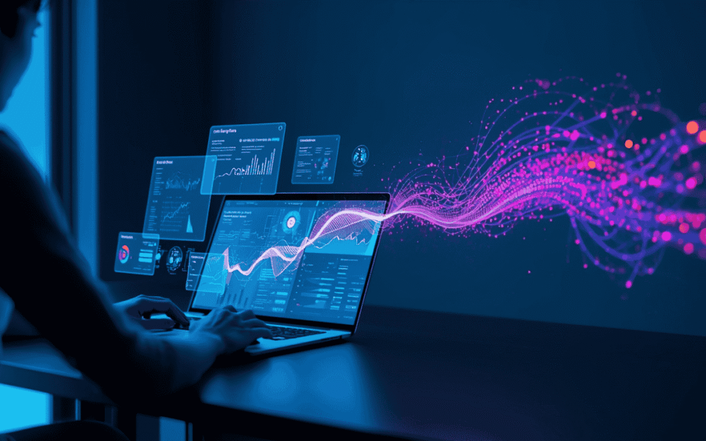 Person at desk using laptop surrounded by holographic data dashboards and glowing purple-pink data stream visualization in high-tech environment.