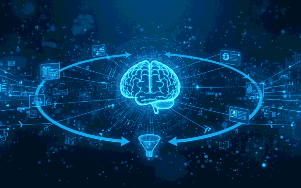 Person at desk using laptop surrounded by holographic data dashboards and glowing purple-pink data stream visualization in high-tech environment.
