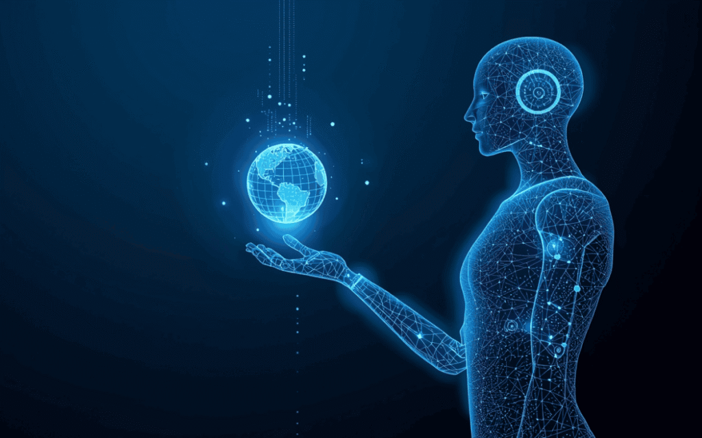 Futuristic robot holding a glowing digital sphere, symbolizing AI, data networks, and advanced technology.