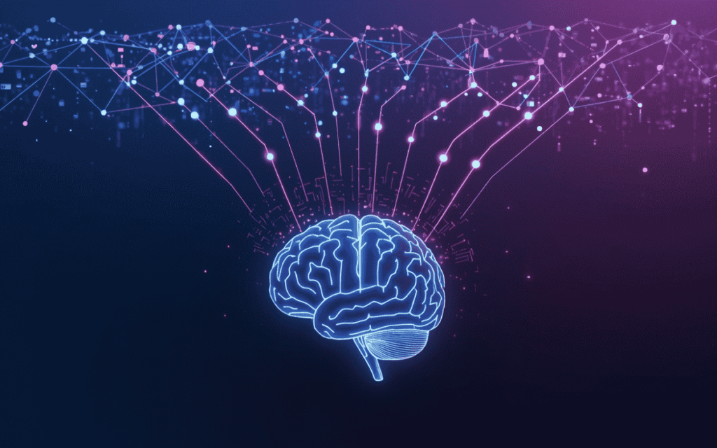 Glowing AI brain linked to a digital network, symbolizing data flow, neural connections, and machine learning technology.