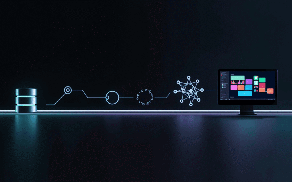Futuristic data flow from database to AI processing and screen, symbolizing data pipelines and technology systems.