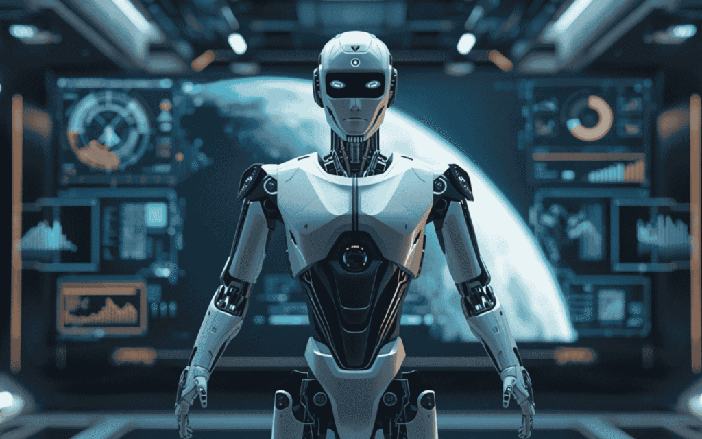 Humanoid robot with digital screens in background, symbolizing AI technology and futuristic data systems.